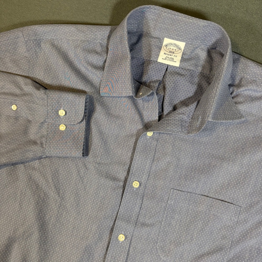 Brooks Brothers Regent Fit Button Down 17 2/3 Blue w/ White Polka Dots Button Up